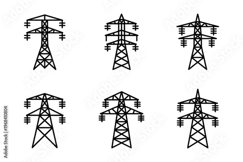 Vector of six different power line towers in a grid arrangement