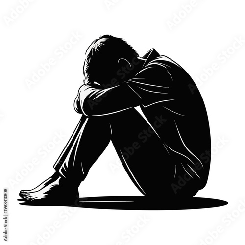 Silhouette vector of a person sitting in a crouched position with their head down