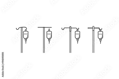 Set of four simple line art icons representing IV drip bags on stands