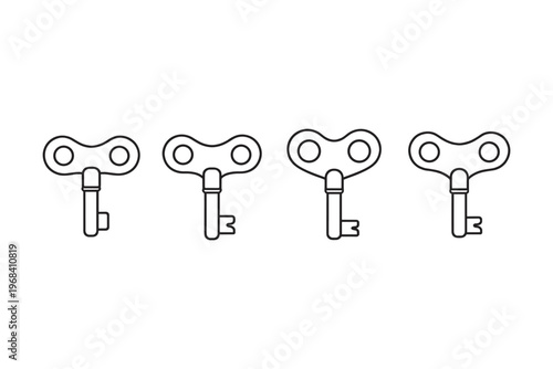 Four identical wind-up keys arranged in a row on a white background