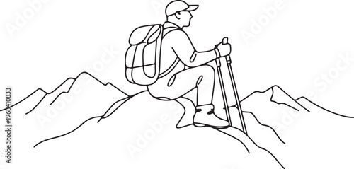 Traveler with backpack sitting on mountain peak line art drawing hiking trekking adventure minimal black linear sketch isolated on white background