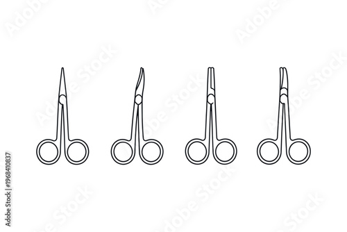 Set of four surgical scissors with different blade types in a line