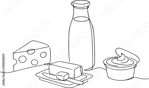 Dairy products collection line art drawing cheese milk butter sour cream minimal food illustration black linear sketch isolated on white background