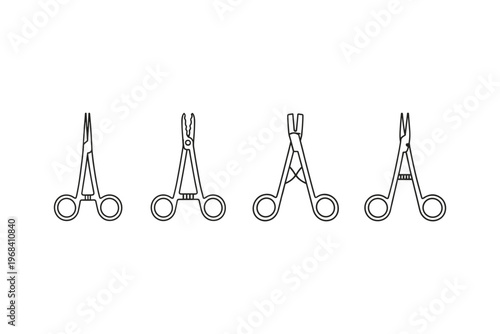 Set of four surgical clamps and forceps with clean line art illustration
