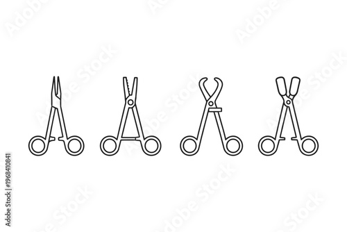 Collection of four different surgical clamps and forceps in a clean line art style