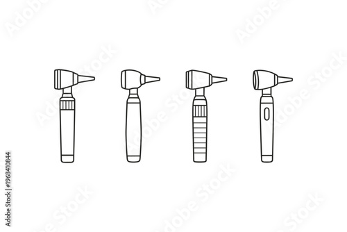 Collection of four otoscopes with different handle designs and ear speculum shapes