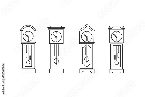 Collection of four distinct grandfather clock outlines with pendulums and faces
