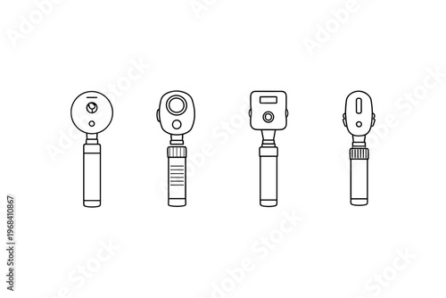 Collection of four different ophthalmoscope and otoscope medical instruments in line art style