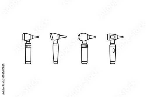 Collection of four different otoscope line art icons on a white background