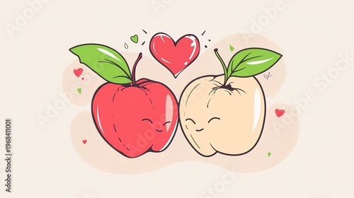 Romantic apple and love combination illustration, sweet artistic design with fresh apples and affectionate elements, warm love themed vector art, delicate hand-drawn style for Valentine’s Day, soft co