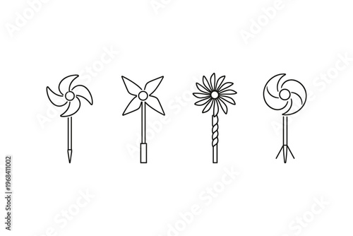 Set of four stylized pinwheels and pinwheel-like toys on sticks