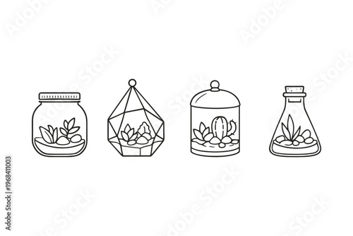 Collection of diverse terrarium designs with plants and stones in line art style