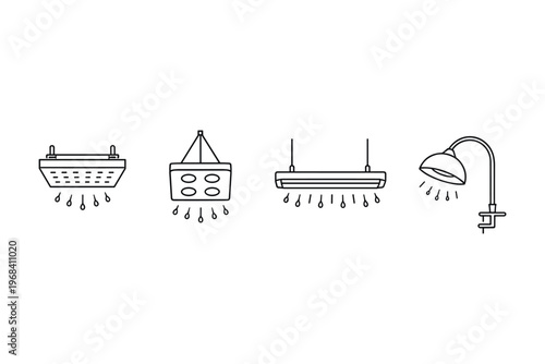 Collection of various grow light fixtures and a desk lamp with light rays