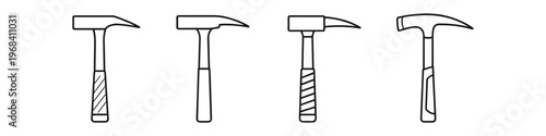 Collection of four different types of hammers with distinct handles and heads