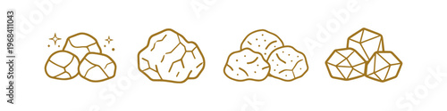 Collection of stylized gold nuggets and gemstones in a line art style