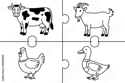 Vector of four farm animals arranged in a grid format