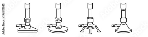 Collection of four different laboratory Bunsen burner line art illustrations
