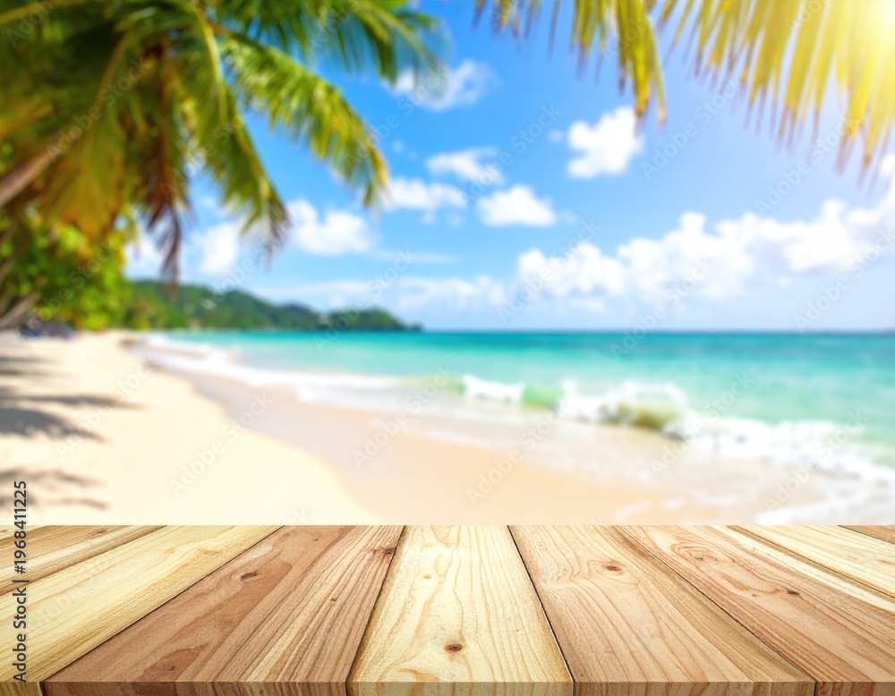 Fototapeta premium Sunny tropical beach with wooden deck and palm trees.