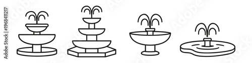 Collection of four distinct line art fountain designs with water jets