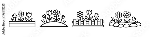 Collection of simple line art illustrations depicting various garden flower arrangements