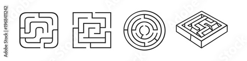 Collection of four different maze designs in a clean, minimalist line art style