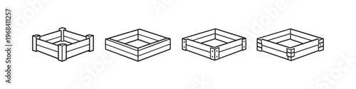 Collection of four simple line art wooden crates in isometric view