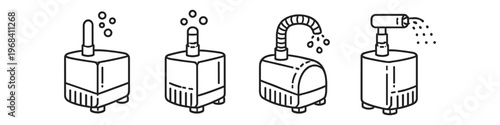 Set of four line art icons representing aquarium water pumps and aerators