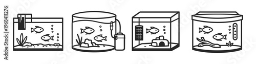 Collection of stylized line art illustrations of aquariums with fish and aquatic elements