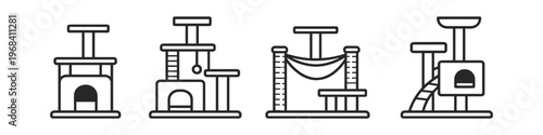Collection of stylized cat trees and climbing structures for pets