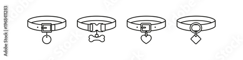 Collection of four stylized dog collars with various charms and buckles