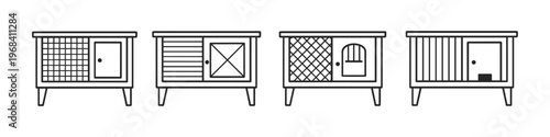 Collection of four simple line art drawings of animal hutches on legs