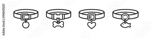 Collection of stylized pet collars with various charms including a bone, heart, and fish
