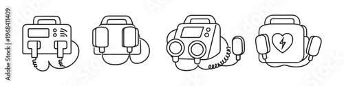 Collection of line art defibrillator icons for emergency medical care