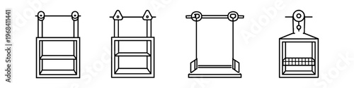 Collection of line art icons representing different types of suspended cabins and gondolas
