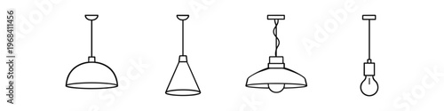 Collection of four different pendant light fixtures in a simple line art style