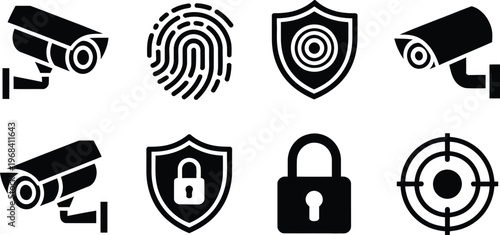 Security icons set, black and white vector collection featuring cameras locks and shield symbols for surveillance safety and digital protection design.