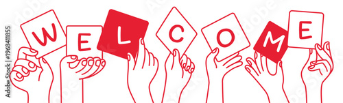 Hands holding welcome phrase. Vector simple linear illustration, hands and gesture, hand drawn illustration, poster, logo, print design template, business and creative work concept,