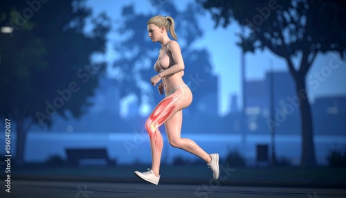 Runner in athletic gear at night with glowing knee highlight, symbolic visualization of joint strain, sports injury, and biomechanics in physical activity.