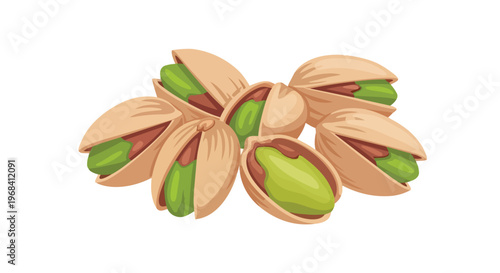 Illustration of a Cluster of Delicious Pistachios Revealing Their Vibrant Green Kernels within Light Brown Shells, a Healthy Snack Option