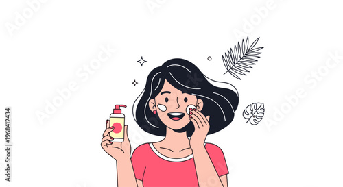 Summer Skincare Routine Woman Applying Sunscreen Minimal Flat Illustration