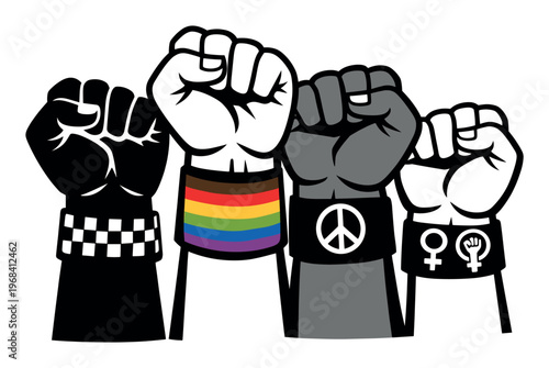 Four diverse raised fists united, symbolizing revolution, human rights, LGBT rights, feminism, peace, and solidarity against a white background