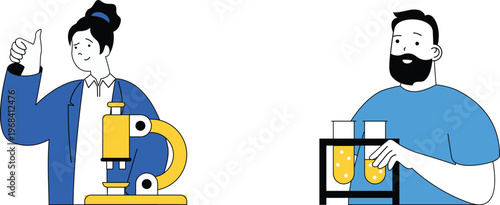 Two scientists collaborating in a laboratory setting with enthusiasm and focus on their research work together