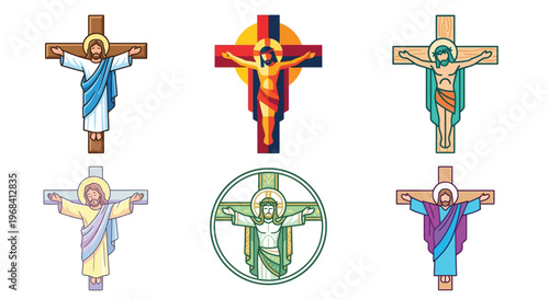 Illustrations of jesus christ on the cross in various styles