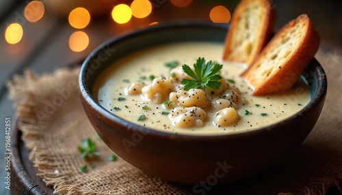 Warm bowl of creamy clam chowder soup with crusty bread slices and parsley garnish. Savory seafood bisque served hot in rustic dish on burlap cloth. Comfort food meal.