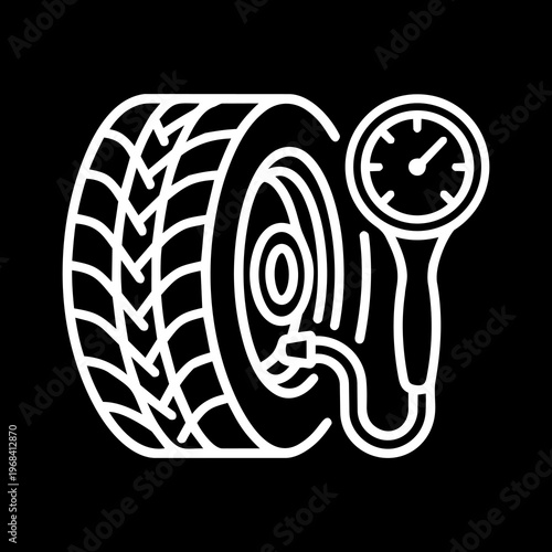 White Line Art Analog Tire Pressure Dial Gauge and Hose Vector Icon 