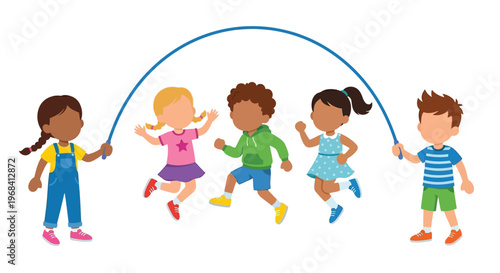 Five children joyfully jumping rope together in a playful scene