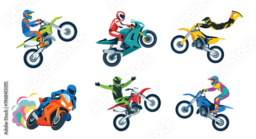 Colorful illustration of motocross riders performing stunts on their bikes