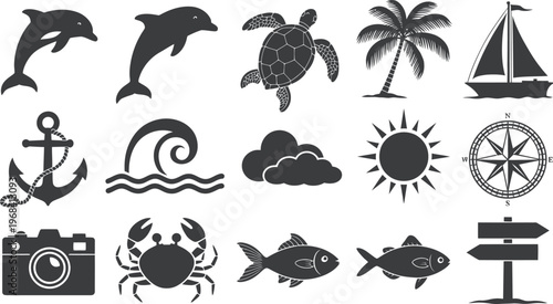 Collection of vintage nautical and marine-themed icons