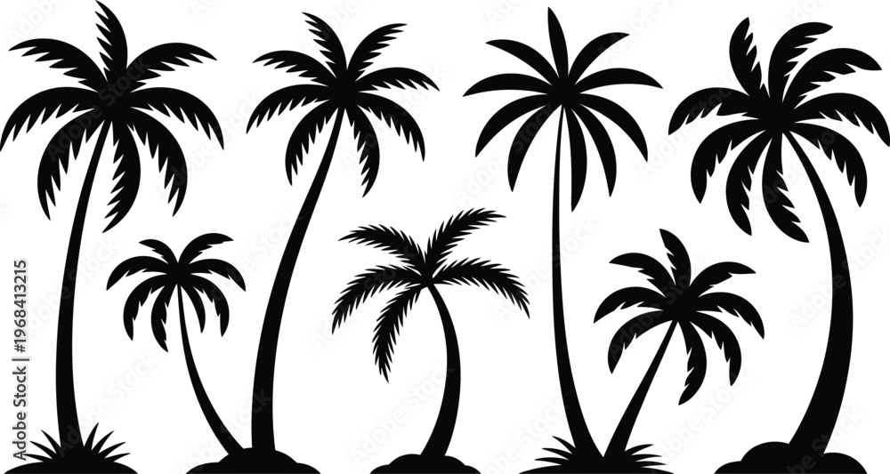 Fototapeta premium Black and white illustration of a group of palm trees in a tropical setting