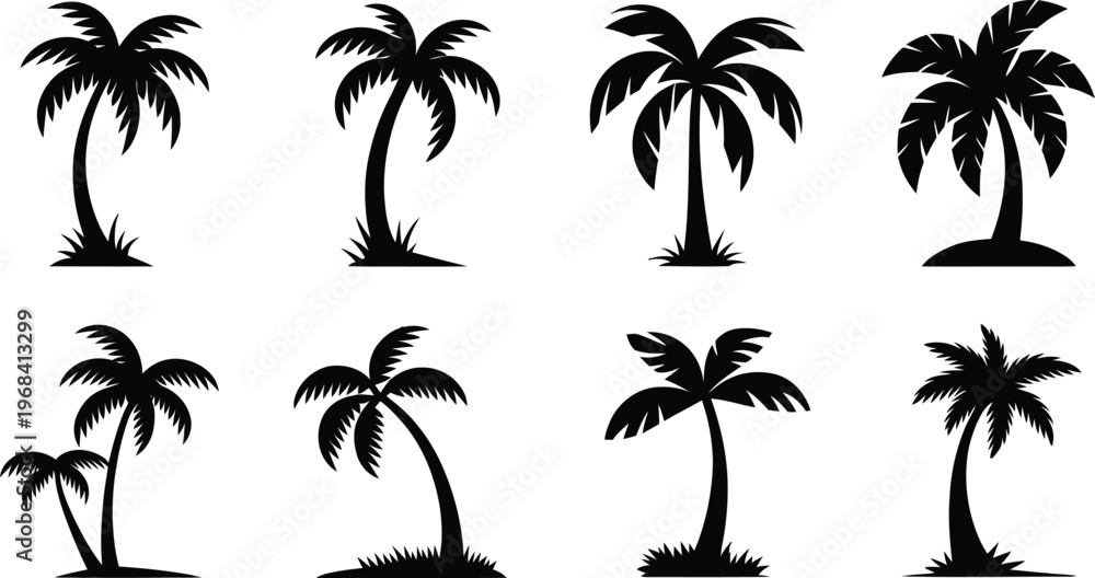 Fototapeta premium Collection of stylized silhouettes of palm trees in various poses and groupings